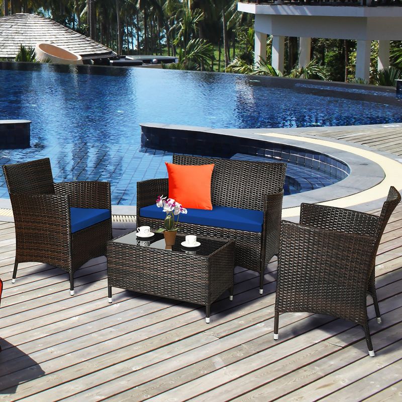 Costway 8PCS Rattan Patio Furniture Set Cushioned Sofa Chair Coffee Table Red\Brown\Turquoise, 2 of 11