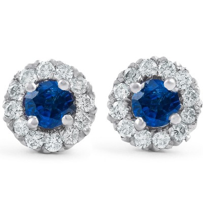 Pompeii3 1ct Halo Blue Sapphire Round Cut Diamond Studs 14k White Gold