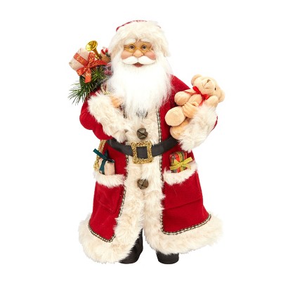 Season's Designs 18" Red Cream Standing Santa Figurine with Teddy Bear and Gift Bag Christmas Indoor Decor for Mantel and Tabletop ()