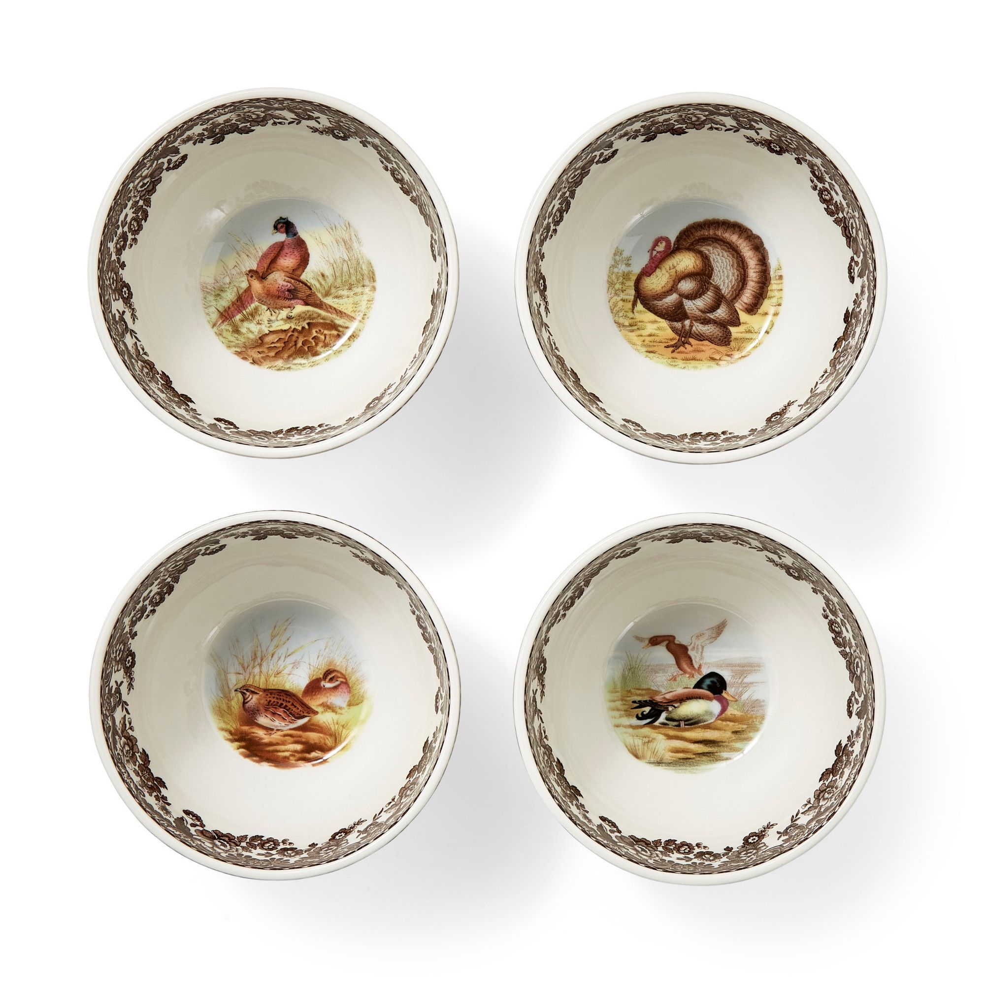 Spode Heritage Collection Woodland Animal Dip Bowls - Set of 4 Porcelain, 4 Inch Snack or Dessert Bowls with Floral Border, Dishwasher, Microwave Safe