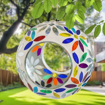 6-Inch Round Glass Mosaic Hanging Bird Feeder with Rainbow Daisies