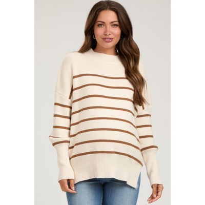 PinkBlush Beige Striped Drop Shoulder Maternity Sweater