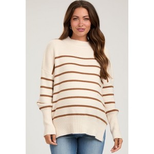 PinkBlush Beige Striped Drop Shoulder Maternity Sweater - 1 of 4