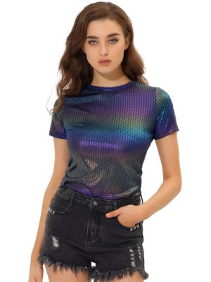 Allegra K Women's Party Metallic Short Sleeve Textured Shiny T-shirts