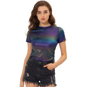 Allegra K Women's Party Metallic Short Sleeve Textured Shiny T-shirts - 1 of 4