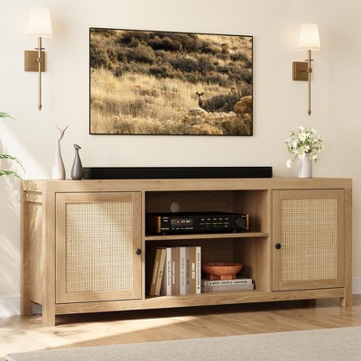 Homhougo TV Stand for 75 Inch TV, Rattan Entertainment Center with Storage, Wood TV & Media Console Brown