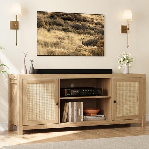 Homhougo TV Stand for 75 Inch TV, Rattan Entertainment Center with Storage, Wood TV & Media Console Brown - 1 of 4