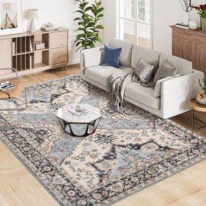 Washable Rug Vintage Floral Distressed Rug Soft Foldable Stain Resistant Non-Slip Indoor Carpet for Bedroom Living Room - 1 of 4