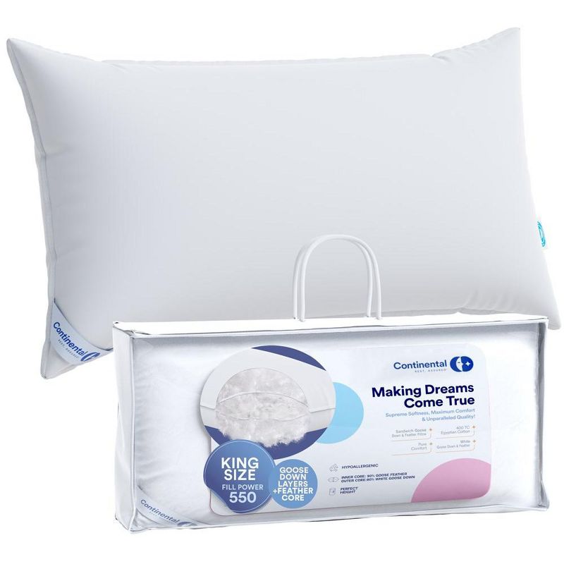 Continental Bedding White Goose Down and Feather Layered Pillow, Pack of 1, 1 of 3