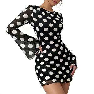 Women's Polka Dot Chiffon Mini Dress with Bell Sleeves & Backless Design - Flowy A-Line Party Dress - 1 of 4