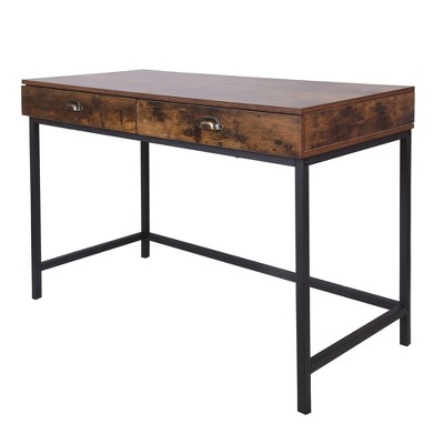 Industrial Grained Wooden Computer Desk with 2 Drawers Brown/Black - Benzara