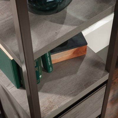 72" Mystic Oak Narrow Bookcase with Metal Frame and Drawers