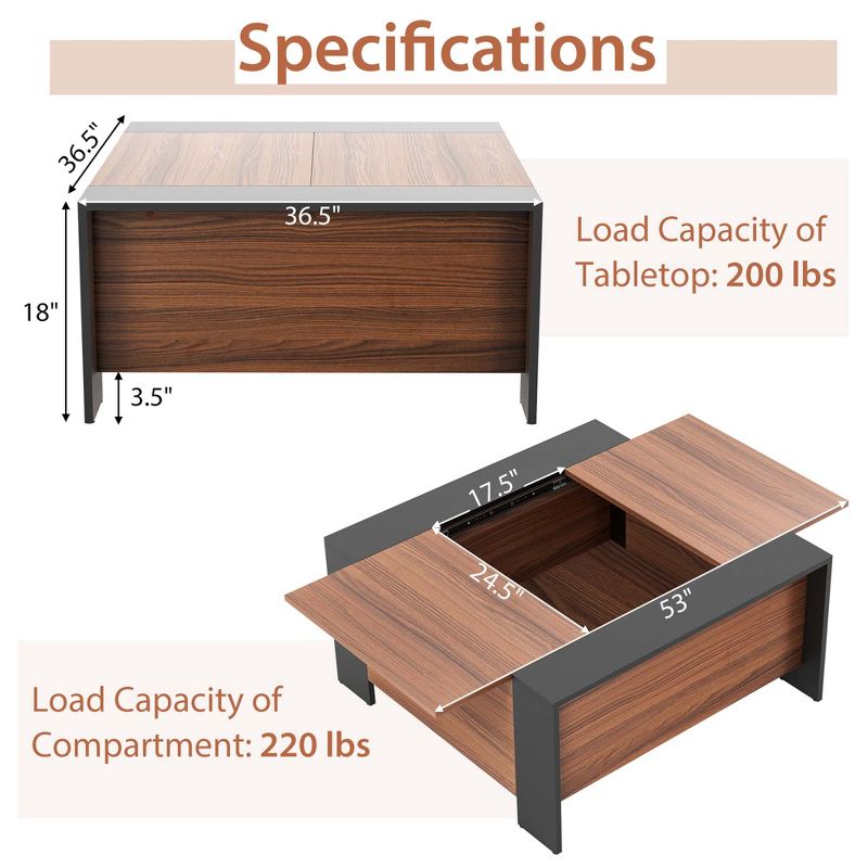 Costway 36.5'' Coffee Table Square Cocktail Tea Table with Sliding Top & Hidden Compartment Rustic Brown/Walnut/Grey, 4 of 11