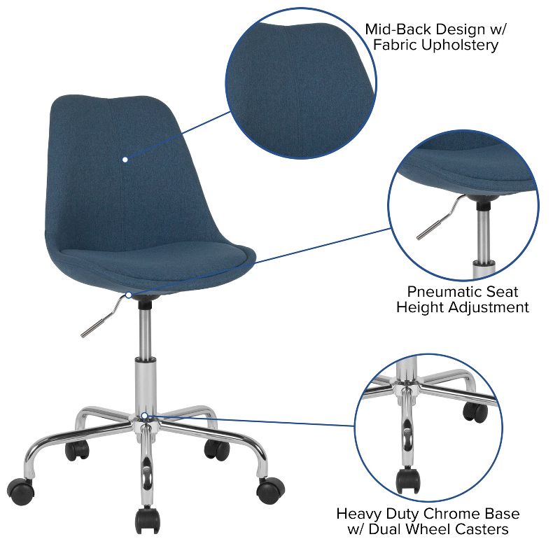Emma and Oliver Mid-Back Blue Fabric Pneumatic Lift Task Office Chair with Chrome Base, 3 of 11