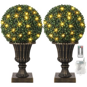 2pcs Artificial Boxwood Topiary Ball, 16" Faux Plant Topiary Ball with Lights, Front Door Plants with Light Base for Balcony, Backyard Home Decor - 1 of 4