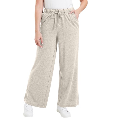 June + Vie by Roaman's Women's Plus Size French Terry Wide-Leg Pant, 22/24  - Heather Oatmeal