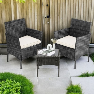 FURNIinspire Patio Dining Sets Patio Furniture Set 3 Pieces, Glass Table, Weaving Rattan Patio Chairs for Porch, Lawns, Black, 23"*22"*31.4"