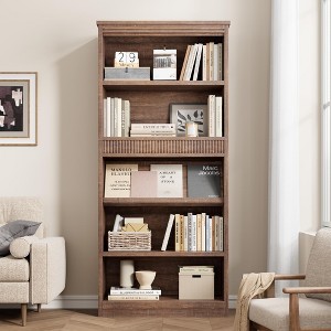 Bookcase w/Display Rack & Fluted Design, 5 Tier Farmhouse Bookshelf with Wood Base, Wood Bookshelf Rustic Vintage Book Shelf for Office Library - 1 of 4