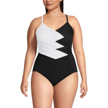 Lands' End Women's Plus Size Slender Suit Pleated X-back One Piece Swimsuit - 24W - Black/White