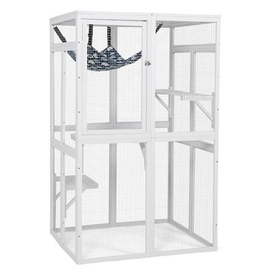 COZIWOW Outdoor Cat Safe House Enclosure, Wooden Catio Weatherproof Shelter with Window Access, Kitty Cage with 3 Platforms and Hammock, White