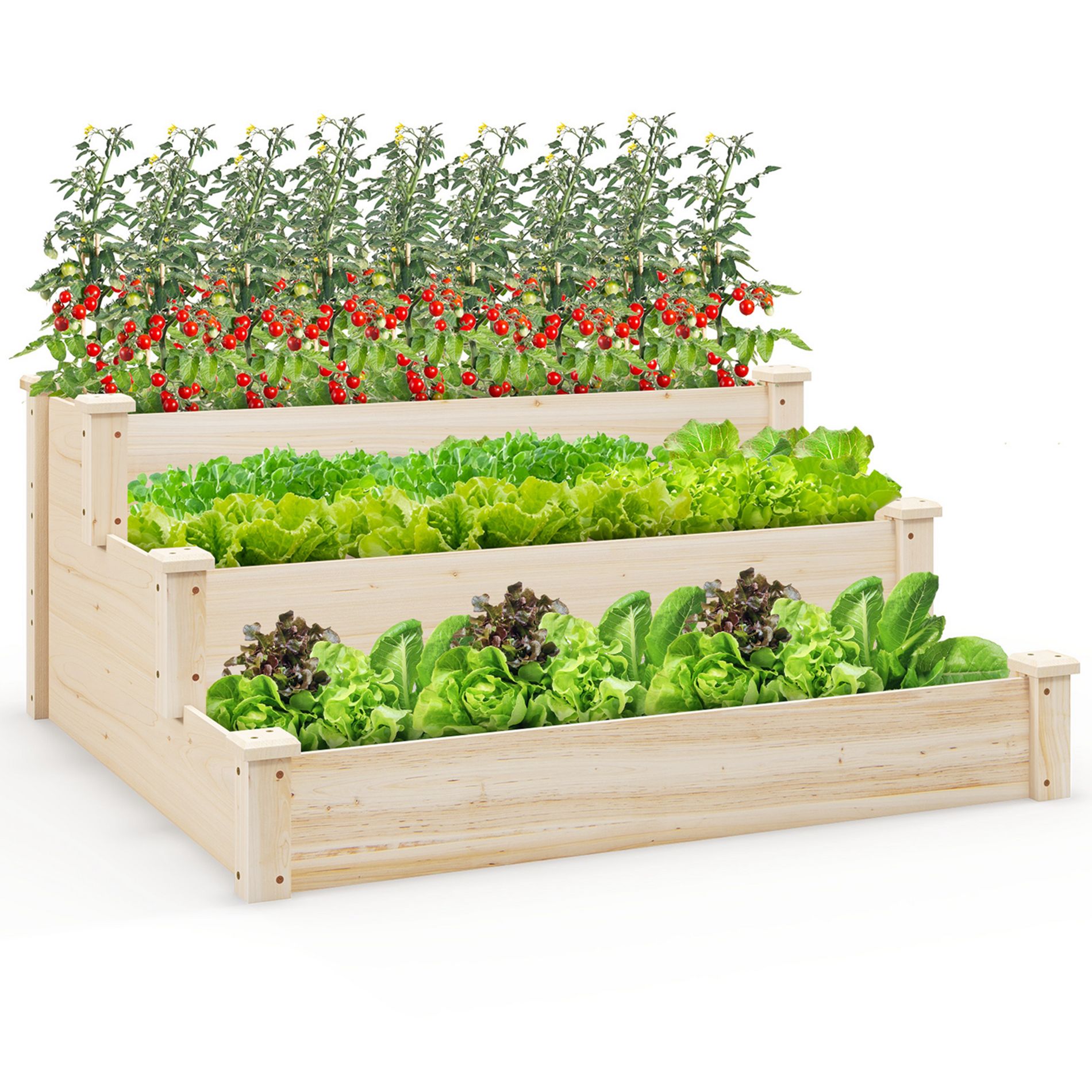 Costway 3-Tier Wooden Raised Garden Bed with Open-Ended Base Growing Planter for Backyard