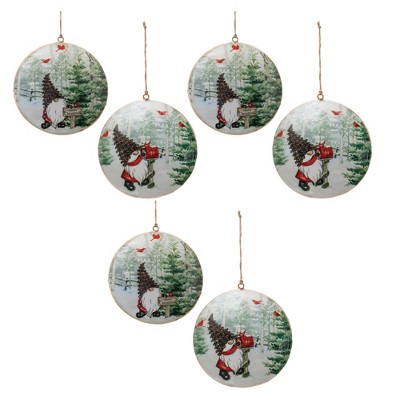 Festive Green and Red Metal Gnome Disc Ornaments Set