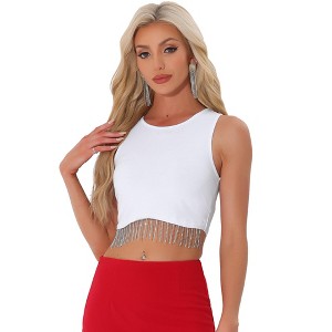 Allegra K Women's Round Neck Sleeveless Party Rhinestone Fringe Crop Tank Tops - 1 of 4