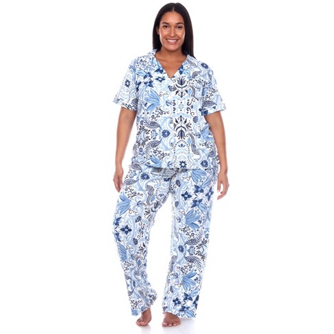 Women s Plus Size Short Sleeve Top and Pants Pajama Set White Blue 1X White Mark