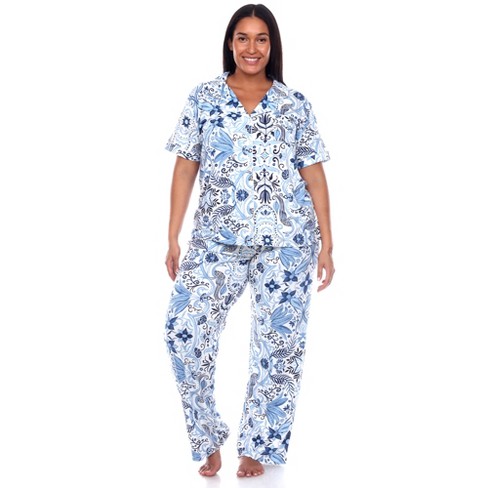 Women's Plus Size Short Sleeve Top And Pants Pajama Set White/blue