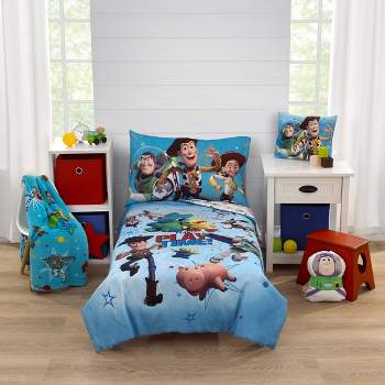 Disney Toy Story It's Play Time Blue, Green, Red, and Yellow, Woody and Buzz 4 Piece Toddler Bed Set