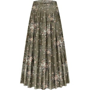 Women's Chiffon Boho Maxi Skirt - High Waist Tiered Pleated Floral A-Line Long Skirt Grayish-green Floral - 1 of 4