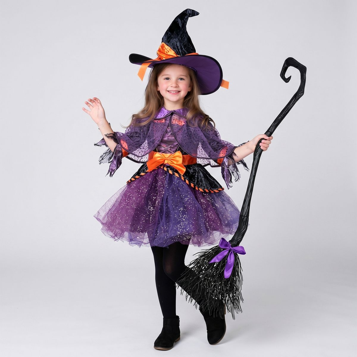 Joyfy Halloween Witch Costume for Child Girl Orange Purple Witch Costume Toddler Witch Outfit Set with Broom for Kids Halloween Party
