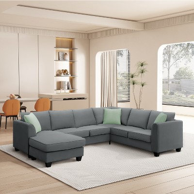 Modular Sectional Sofa 7 Seats with Ottoman L Shape Fabric Sofa Corner Couch Set with 3 Pillows-ModernLuxe