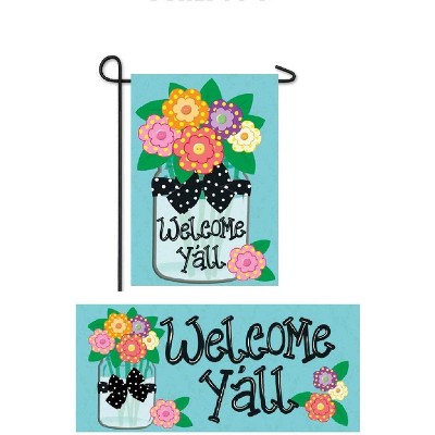 Evergreen Welcome Y'all Polka Dot Flowers Garden Burlap Flag and Sassafras Mat Set (14B4181ECM+431272)