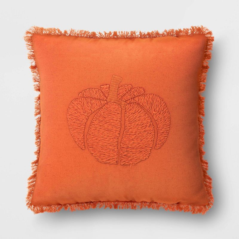 Embroidered Pumpkin with Frayed Edges Square Throw Pillow Rust - Threshold&#8482;, 1 of 8