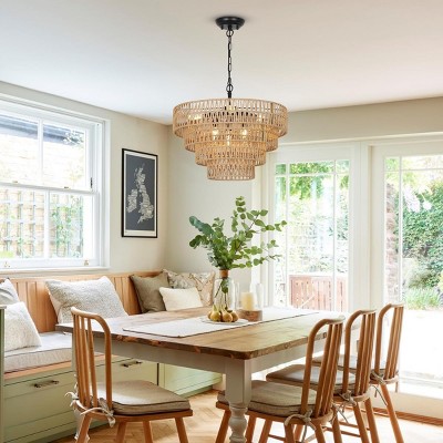 Rattan Shade Pendant Light,6-Lights Boho Chandelier,Ceiling Light Fixture With 4-Tier Woven Lampshade -The Pop Home