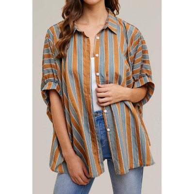 Women's Striped Woven Button Down Top - AnnieWear