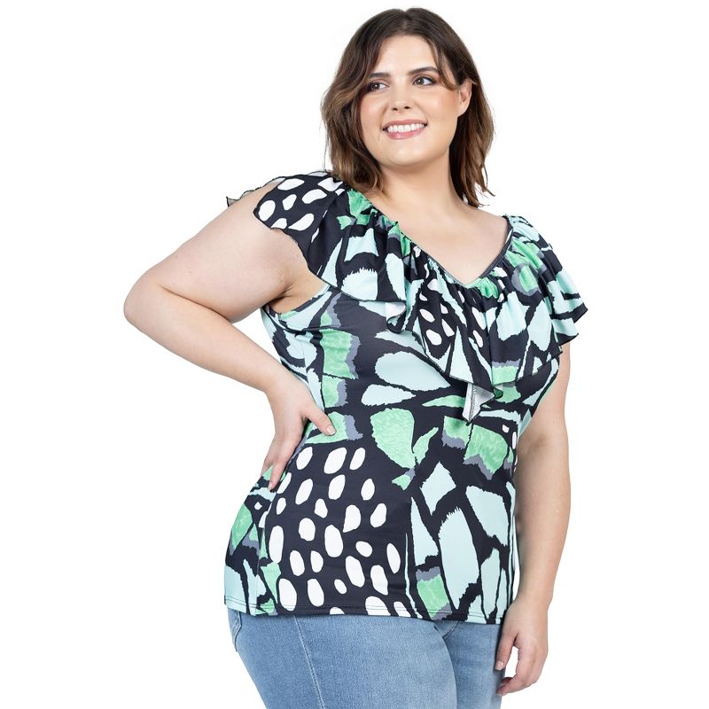24seven Comfort Apparel Womens Cap Sleeve Green Butterfly Print Ruffle V Neck Plus Size Top, 5 of 7