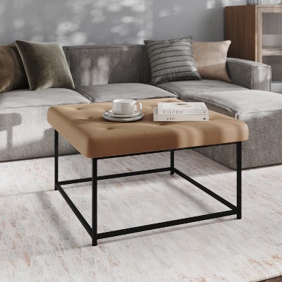 Light Brown Faux Leather Square Tufted Ottoman with Iron Frame
