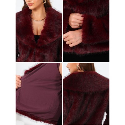 INSPIRE CHIC Women's Long Sleeve Lapel Collar Evening Cocktail Fluffy Shaggy Faux Fur Jacket Medium Burgundy — фото 4