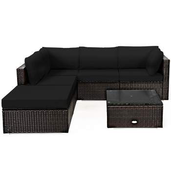 Tangkula 6PCS Rattan Patio Sectional Sofa Set Outdoor Furniture Set w/ Black Cushions