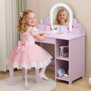 Kids Vanity with Lighted Mirror & Stool, Little Girls Vanity with Adjustable LED Light - 1 of 4