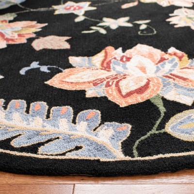 Black Floral Hand-Hooked Wool Round Area Rug, 8'