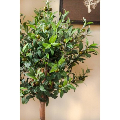 Elegant 4.5' Silk Olive Topiary Tree in Farmhouse Barrel Planter