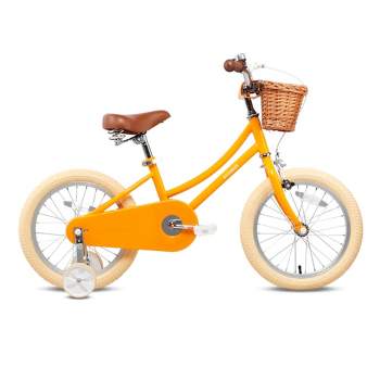 Petimini 18 Inch Steel Frame Child Bicycle with Wicket Basket, Handlebar Bell, Training Wheels, Adjustable Seat, & Parent Handle, Ages 5 to 9, Yellow
