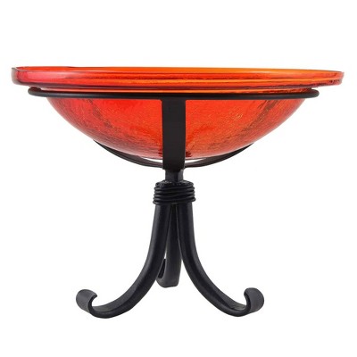 Red Hand Blown Crackle Glass Birdbath with Wrought Iron Stand