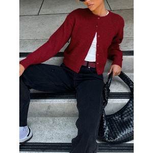 Button Front Crop Sweater Cardigan Solid Color Crew Neck Long Sleeve Knit Fall Tops Streetwear - 1 of 4