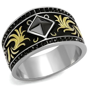 Slickblue Men’s Fashion Ring in Two-Tone Gold Stainless Steel, Black Synthetic Glass Stone, Modern Band, Sizes 8-13 - 1 of 4