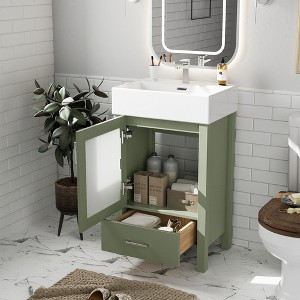 KWPZQEB 20" Bathroom Vanity with Ceramic Sink, Wooden Vanity Cabinet with Drawer & Door, Farmhouse Free Standing Cabinet for Small Bathroom - 1 of 4