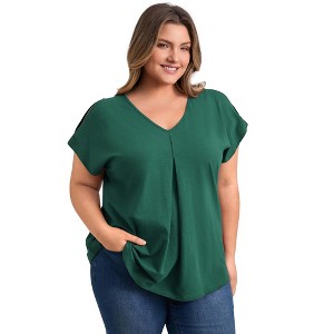 GRACE & GRANDEUR Women's Plus Size Front Pleated V Neck Slit Sleeve Cold Shoulder Summer Blouses - 1 of 4